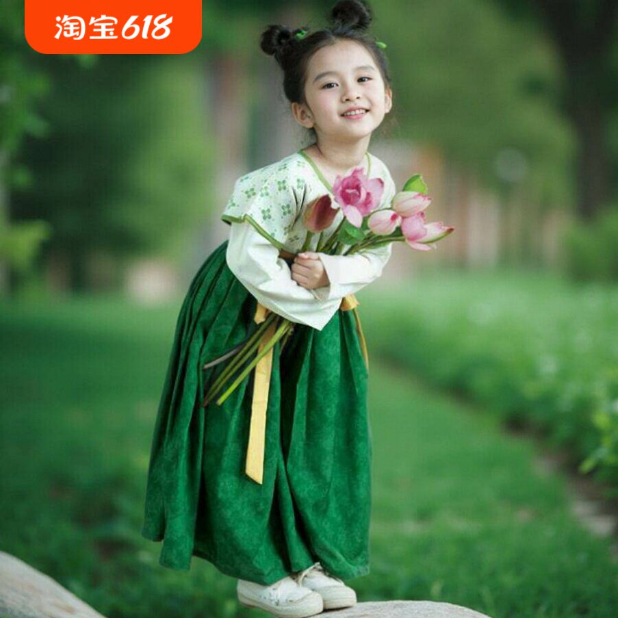 女童汉服唐制长袖新款秋季幼儿绿色连衣裙高端古风半袖假两件襦裙
