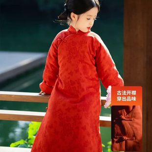 女童新中式汉服红长袖旗袍国风拜年服加厚保暖儿童民国长褂新中式