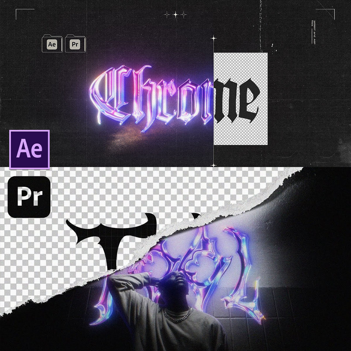 AE/PR模板-炫酷镀铬效果赛博朋克Chrome文字特效视频后期剪辑工具