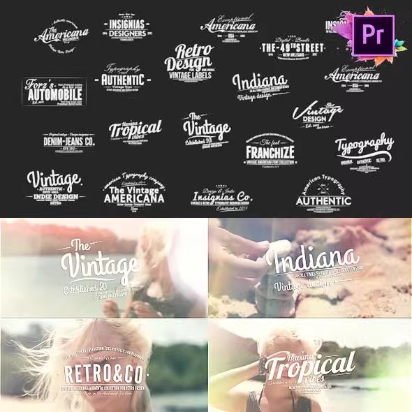 AE/PR模板-26组复古风格排版LOGO视频vlog片头标题文字动画合辑