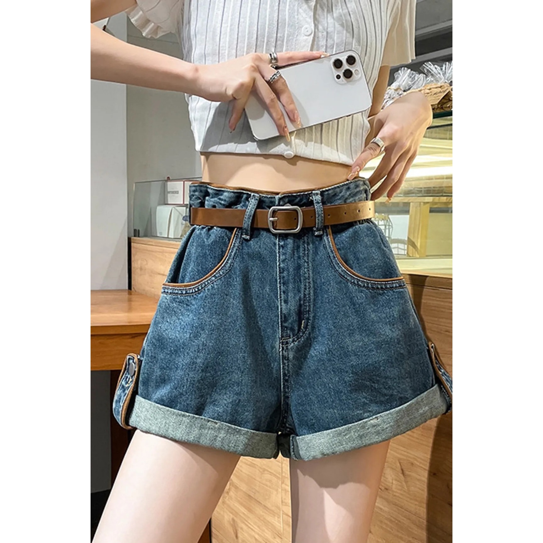 2023夏季新款韩版百搭辣妹高腰卷边牛仔短裤女修身显瘦A字阔腿裤