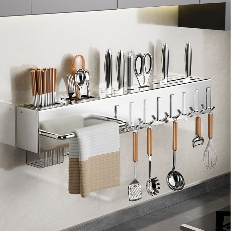 304不锈钢厨房置物架刀架壁挂式免打孔筷子筒筷笼一体刀具收纳架
