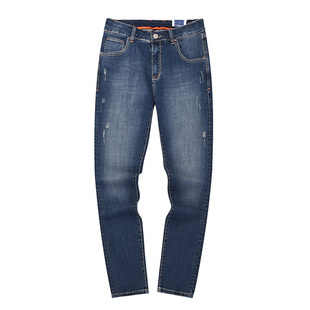 秋冬男士厚款弹力修身小脚基本5袋牛仔长裤靛蓝洗水猫抓细节