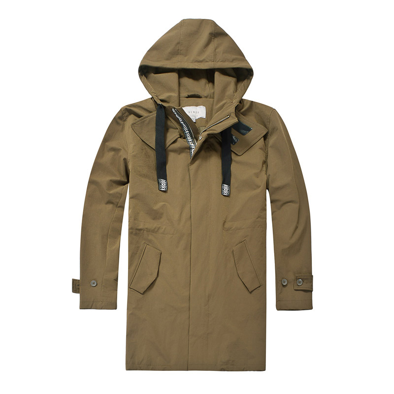 男式净色工装连帽中长款风衣