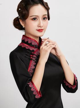 倾城粉黛真丝长款蕾丝花边手工盘扣长袖旗袍裙礼服秋冬新款黑色