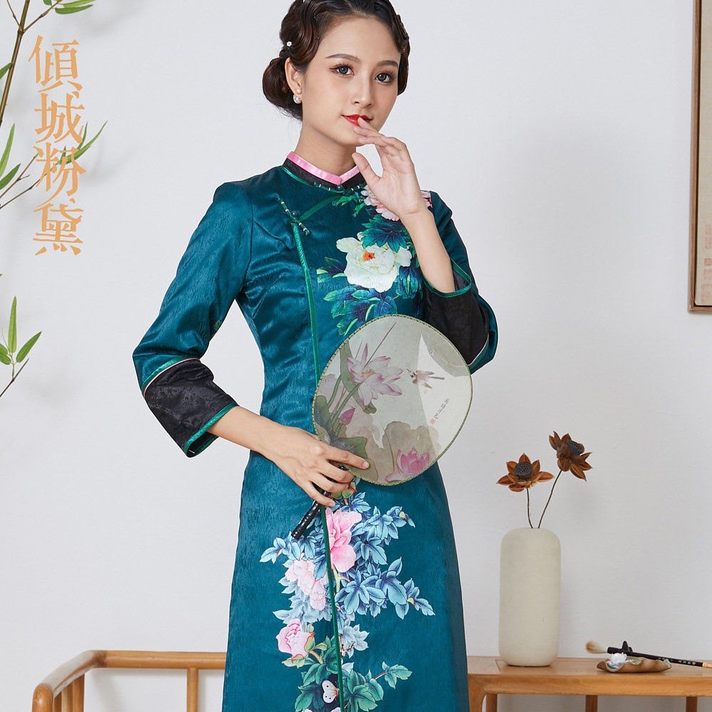 倾城粉黛梅弄影真丝加棉可定制手工盘扣旗袍裙礼服冬新款宴会长款