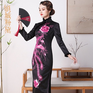 真丝桑蚕丝旗袍长袖手工定制传统老式奢华优雅中国风妈妈秋冬
