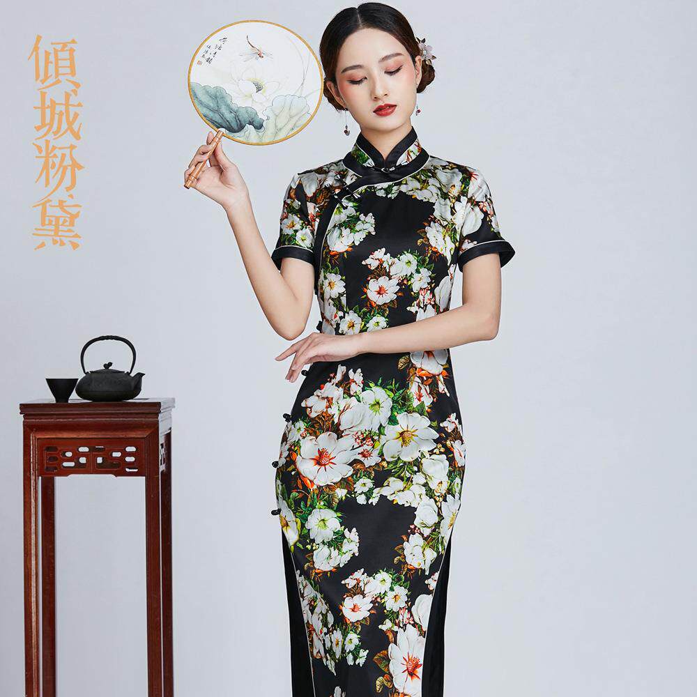 倾城粉黛春夏真丝桑蚕丝夏季修身时尚中国风改良款旗袍连衣裙长款