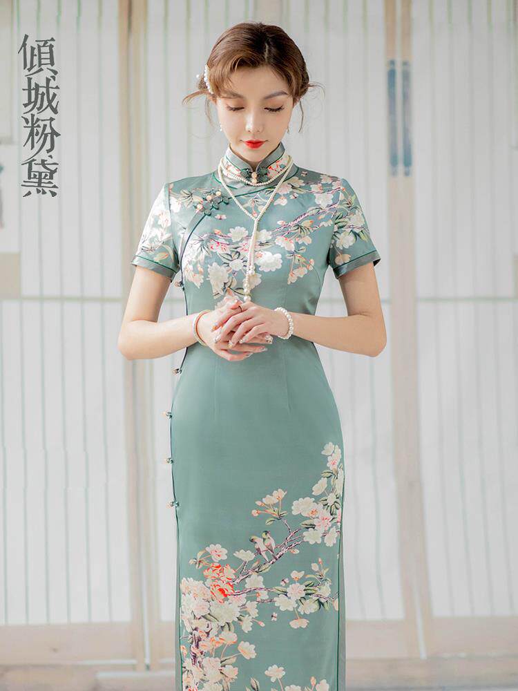老上海真丝桑蚕丝蚀骨改良旗袍长袖名媛长款礼服复古手工可定制女