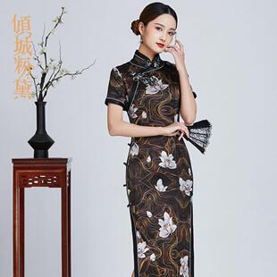 倾城粉黛暗色系夏季真丝长款短袖老上海手工盘扣旗袍裙礼服宴会