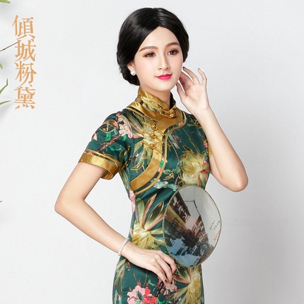 高端可定制改良时尚中国风真丝长款旗袍裙日常修身桑蚕丝年轻旗袍