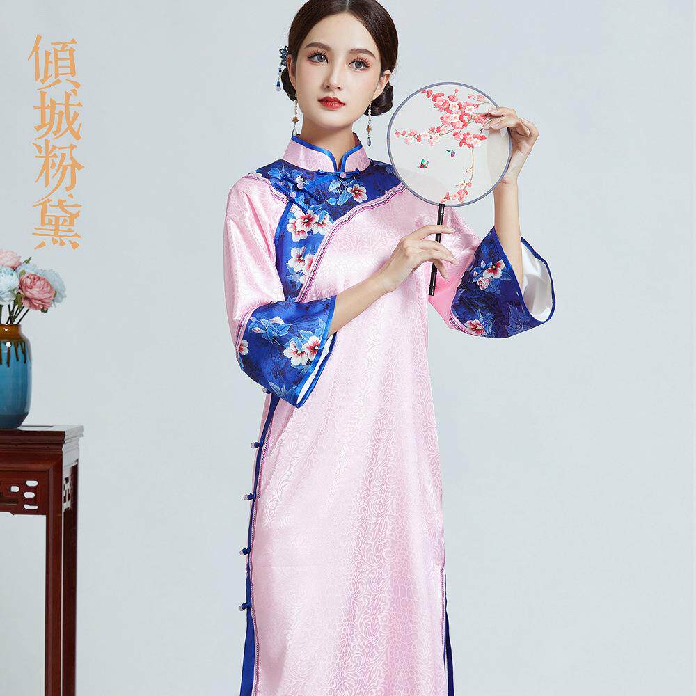 倾城粉黛夏季新款真丝长款高档复古手工盘扣旗袍裙礼服宴会大码