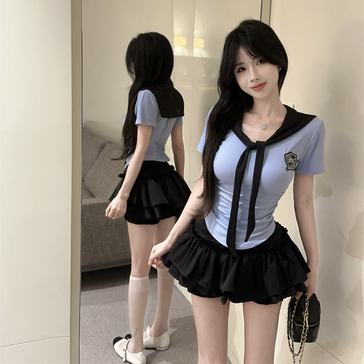 学院风海军领修身短袖上衣女夏高腰蓬蓬裙蛋糕短裙辣妹JK制服套装