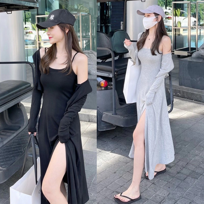长款露腿过膝打底长裙两件套长袖连帽开衫防晒衫裙开叉吊带连衣裙