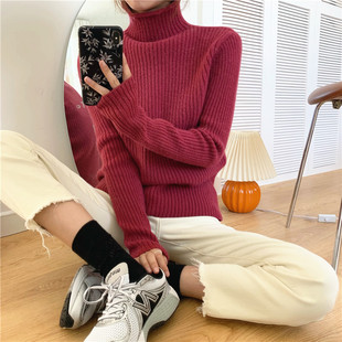 复古香芋粉紫梅子咖色高领长袖加厚针织毛衣女弹力打底保暖上衣
