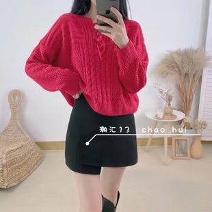 港风玫红树莓粉橘红色V领系抽绳雪尼绒加厚针织毛衣女宽松上衣冬