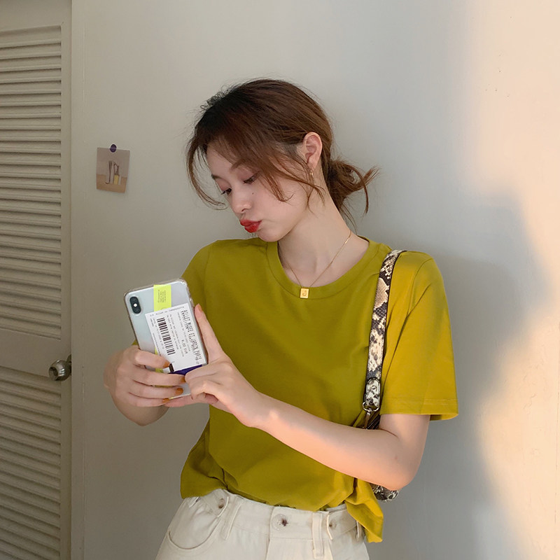基础树莓粉紫芥末黄绿圆领长短袖T恤修身上衣女打底小众棉质日系