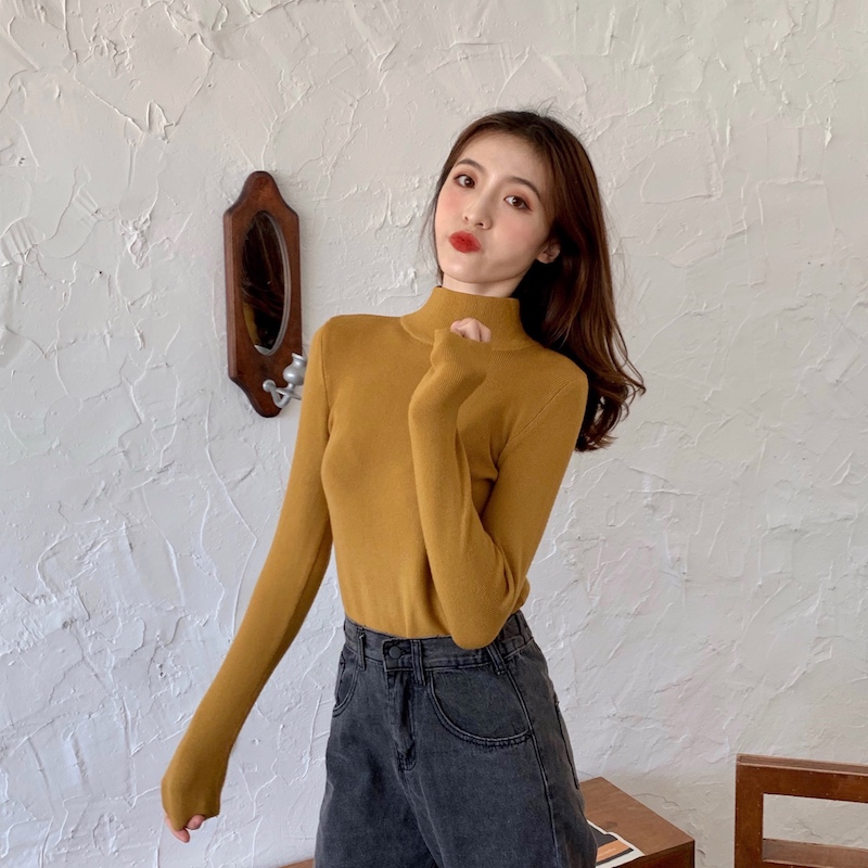 ins咖啡色包芯纱加厚保暖打底衫