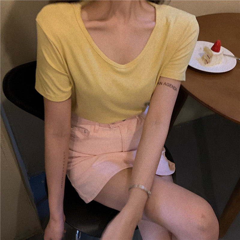 基础芥末黄绿粉紫玫红雾霾蓝v领短袖薄款T恤女修身打底显瘦上衣夏