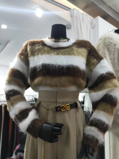 马海毛茸茸黑白紫条纹圆领长袖厚实松软毛衣淑女宽松甜美短款上衣