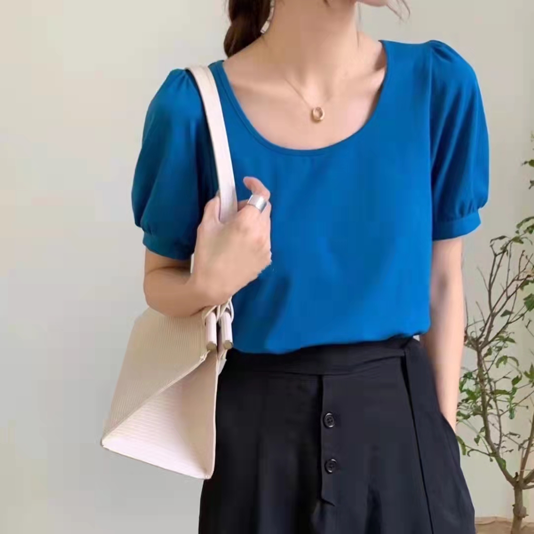 圆领泡泡短袖棉T恤女百搭