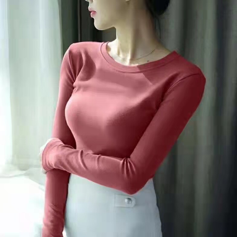 基础芥黄绿西瓜红紫宝蓝咖圆领长袖棉质T恤女百搭打底修身上衣秋