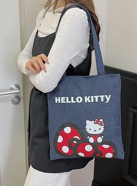 可爱 Hello Kitty 牛仔帆布托特包 2026 新款卡通单肩包 学生通