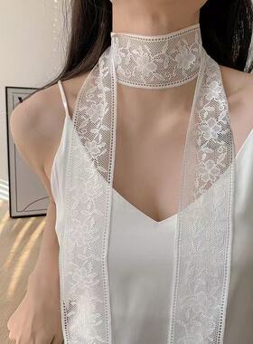 2025春夏季法式白色花朵丝巾刺绣蕾丝窄细长条小丝巾甜妹装饰领巾