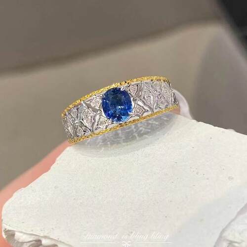 18K金女镶嵌南非高品质钻石0.7克拉天然蓝宝石戒指真金真钻送证书