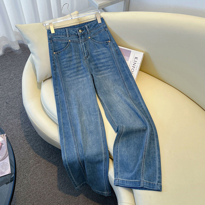 浅蓝色阔腿牛仔裤女2025新款秋冬款加绒小个子高腰显瘦垂感直筒裤