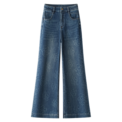 蓝色提花微喇牛仔裤女2025新款秋季高腰宽松显瘦拖地喇叭裤长裤子