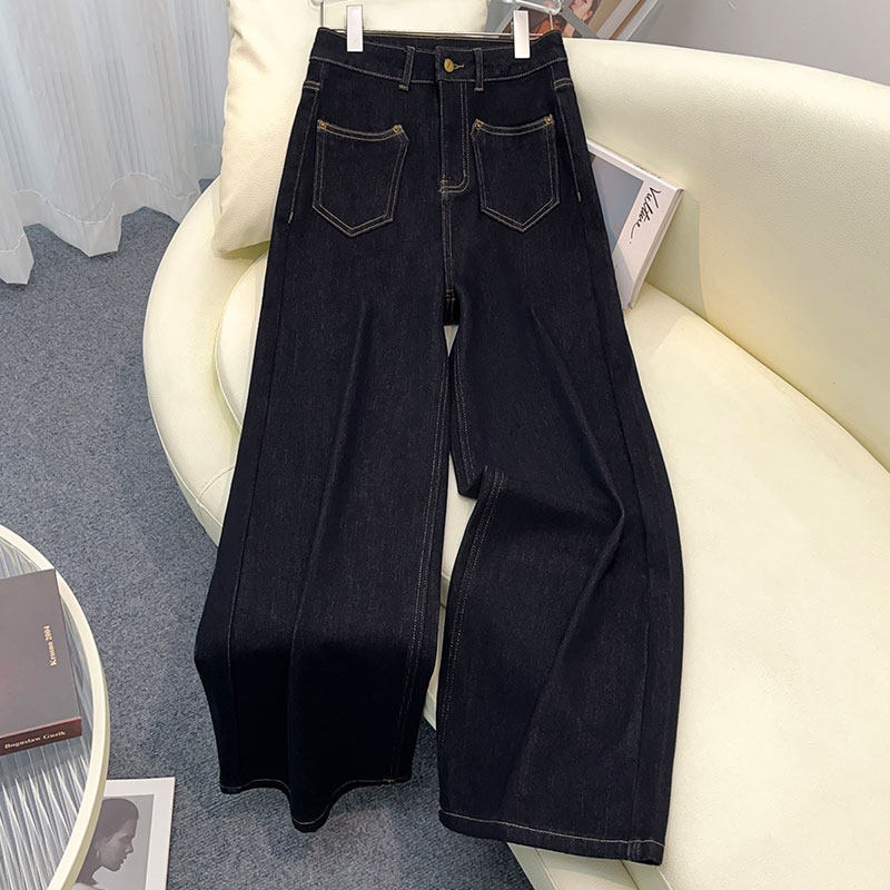 蓝色水洗复古阔腿牛仔裤女2025新款秋冬款高腰显瘦宽松直筒拖地裤