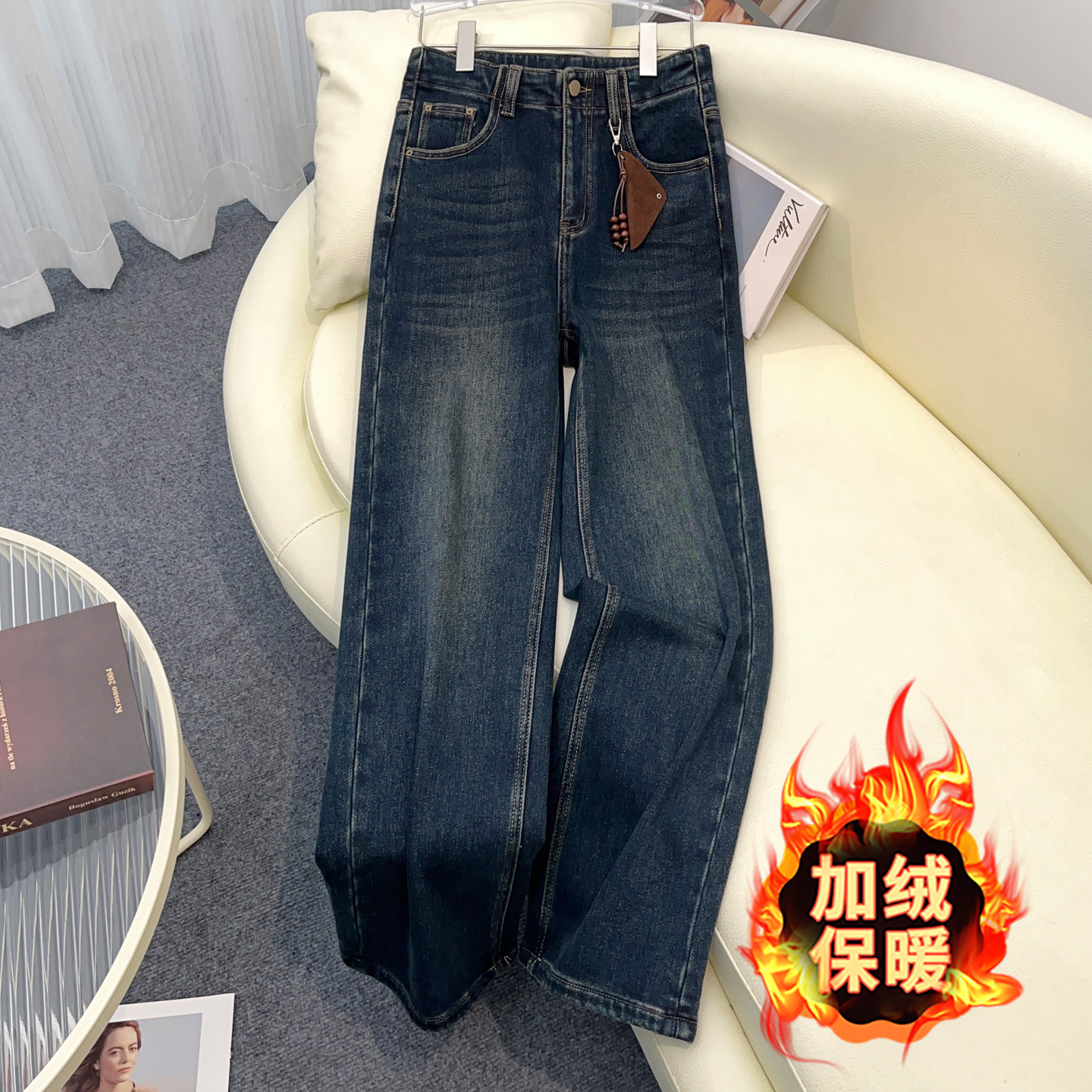 蓝灰色阔腿牛仔裤女2025新款秋冬加绒高腰宽松显瘦复古窄版直筒裤