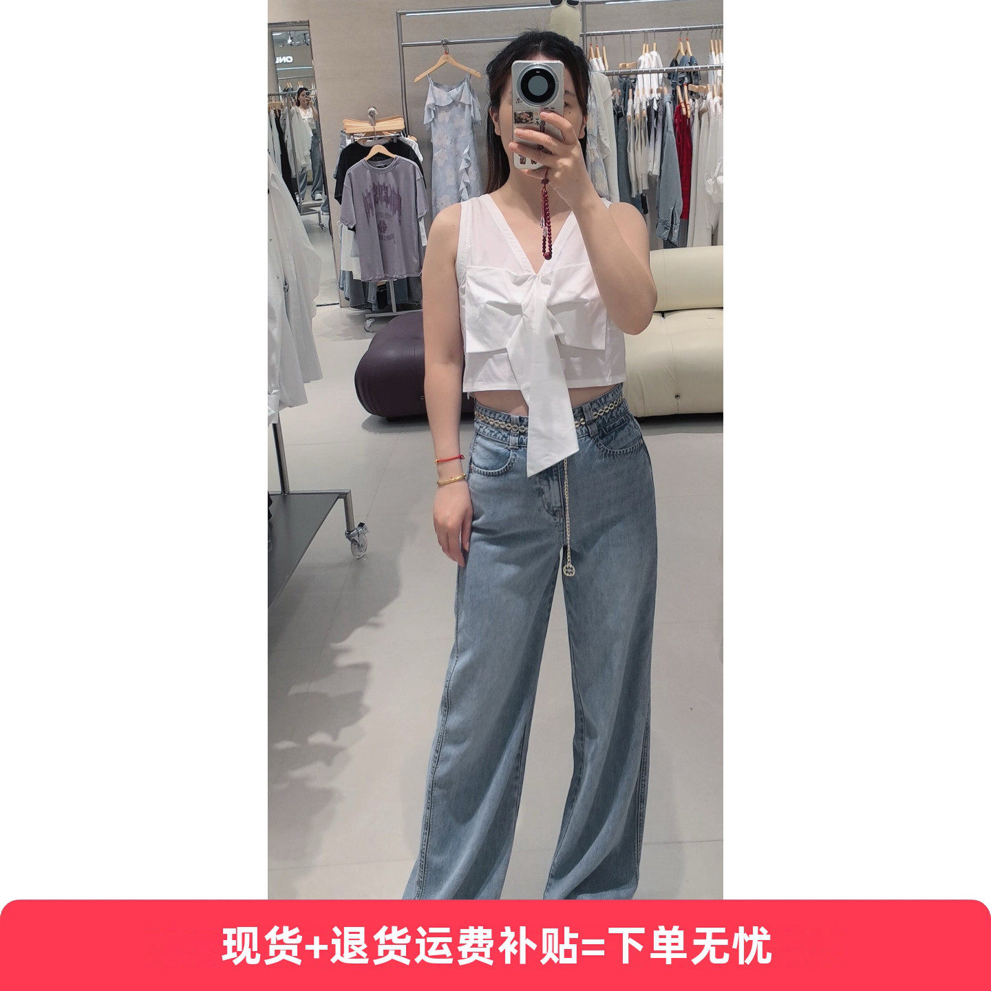 春夏商场同款无袖蝴蝶结雪纺衫女