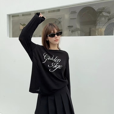 MO系 长袖T恤上衣春夏美式印花轻薄宽松落肩垂感爆款