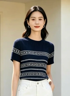 宝莎伦莱赛尔亚麻圆领时尚复古条纹提花高级感百搭针织衫26193