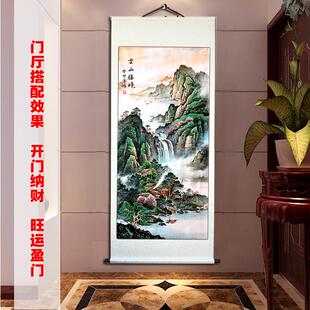 山水画挂画卷轴直幅家居装饰富水长流迎客松国画