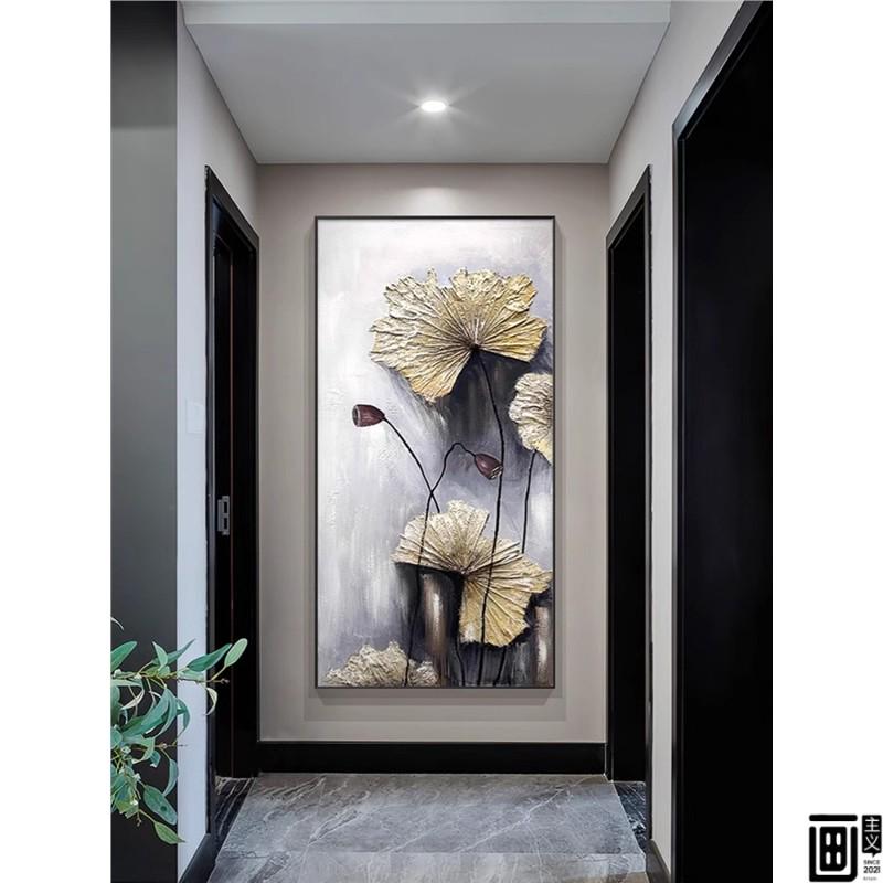 现代玄关装饰画高端艺术客厅走廊过道肌理感大芬村墙壁餐荷花挂画图片