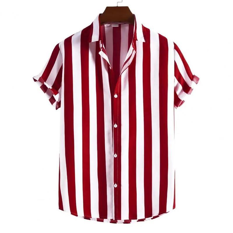 Summer Men Shirt Striped Shirts Hawaii Buttons Short Sleeve