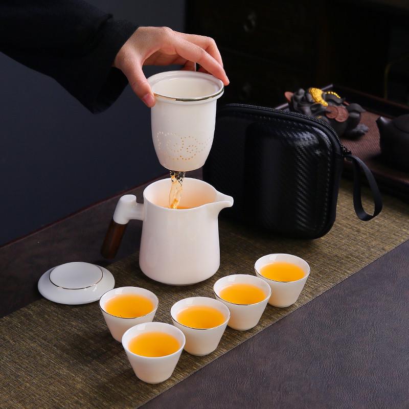 便携式旅行茶具白瓷套装户外泡茶喝茶装备全瓷孔过滤快客一壶四杯