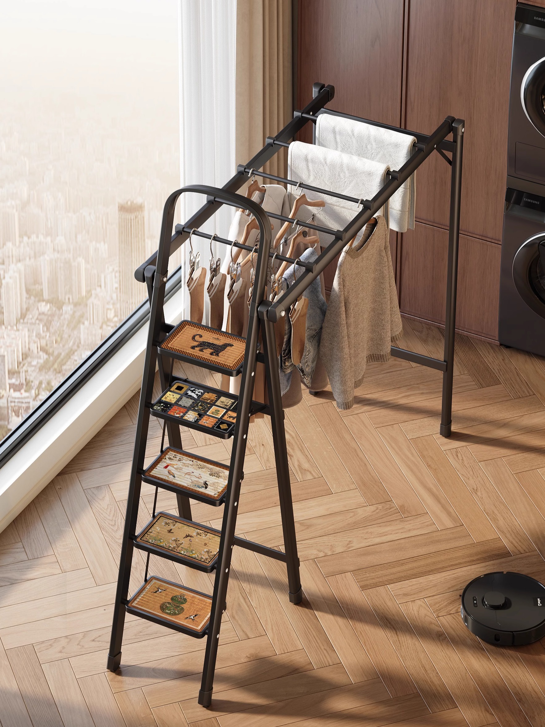 梅里达家用梯子晾衣架两用阳台落地式多功能乔迁小轻便便携式室内