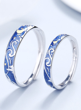 925银情侣对戒梵高的星空戒指小众ins设计珐琅彩工艺开口戒戒指活