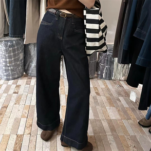 普洗蓝色阔腿牛仔裤2024秋冬加厚绒韩版高腰时尚休闲显瘦直筒裤女