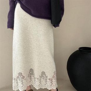 高级感韩系温柔下摆拼接蕾丝浣熊绒半身裙女秋冬高腰垂感显瘦长裙