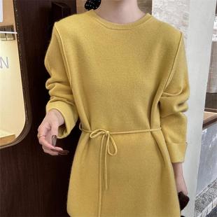 韩版系带圆领羊毛针织衫女2025冬季新款时尚百搭显瘦毛衣打底衫潮