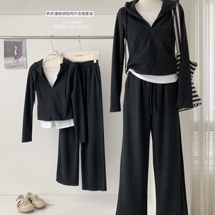 休闲运动套装女连帽假两件卫衣阔脚裤两件套春秋款韩系穿搭一整套