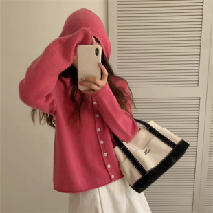 韩版 新款 简约百搭毛衣 外套女秋季 全羊毛无缝一体纯色连帽针织开衫