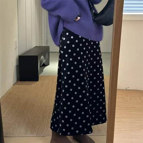 波点松紧腰丝绒加绒加厚半身裙