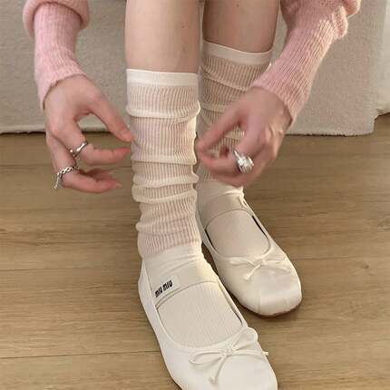 白色袜子女芭蕾风袜子女中筒袜纯棉白色半透夏季薄款小腿堆堆袜女