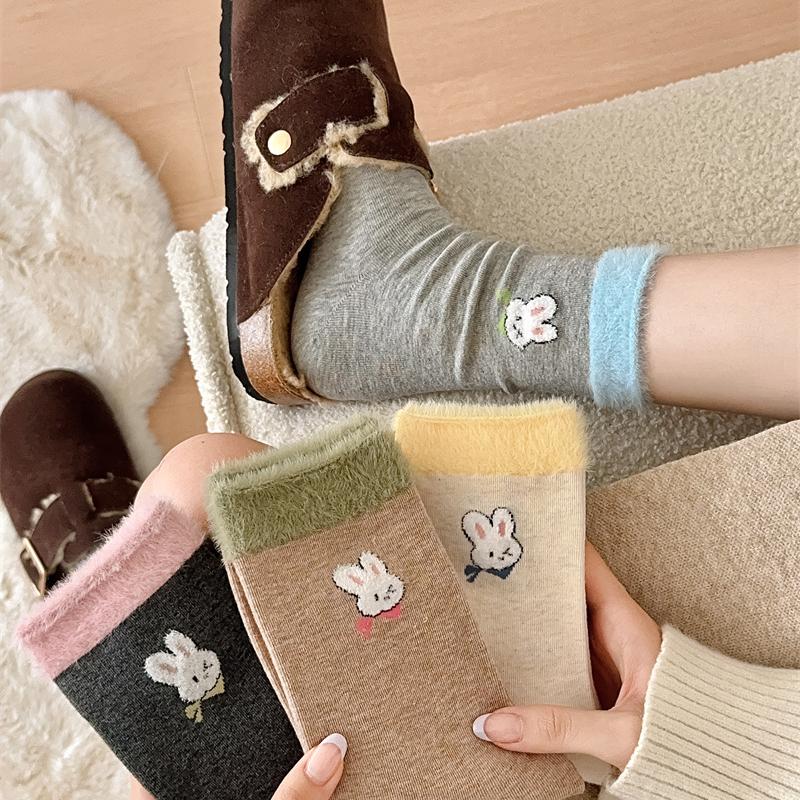 植绒小兔中筒袜精梳棉中筒卡通袜